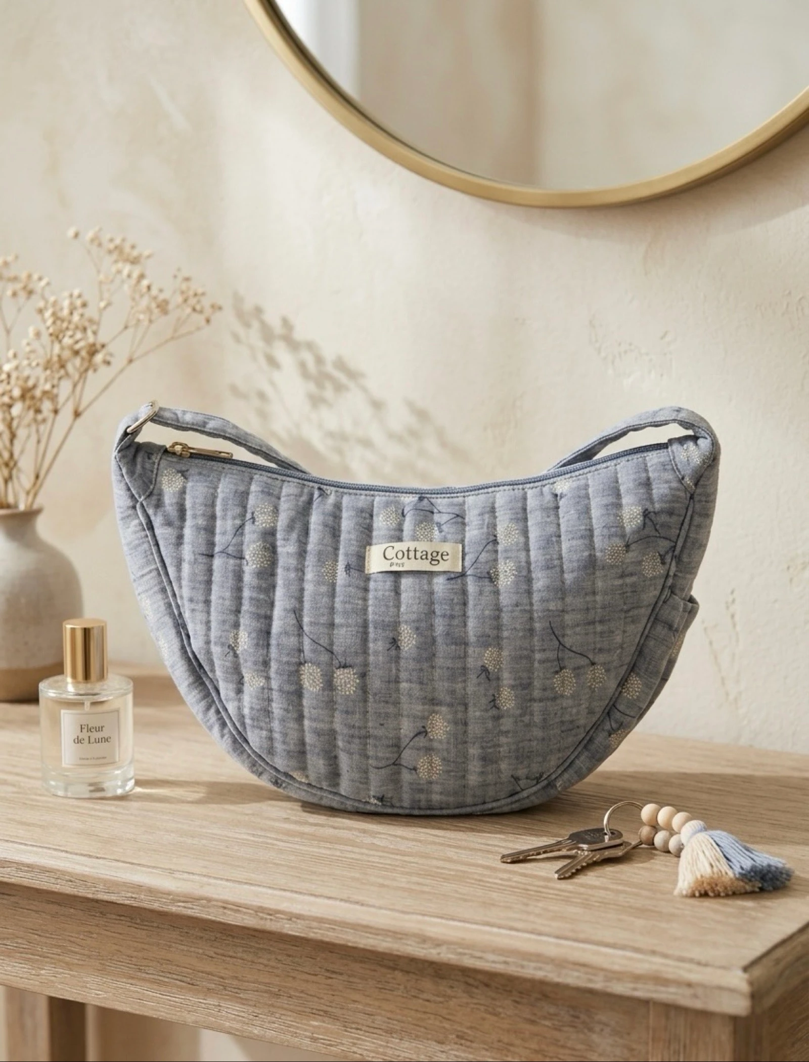 Sac Lune 100% Coton Matelassé Collection Cottage & Bag / Modèle Boules Bleu